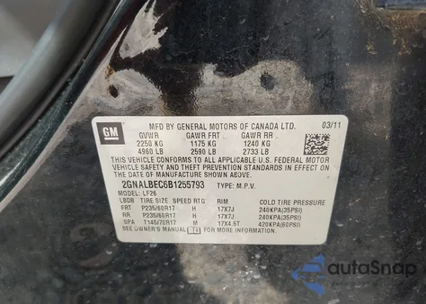 2011 Chevrolet Equinox Ls из США, поврежденный, VIN 2GNALBEC6B1255793